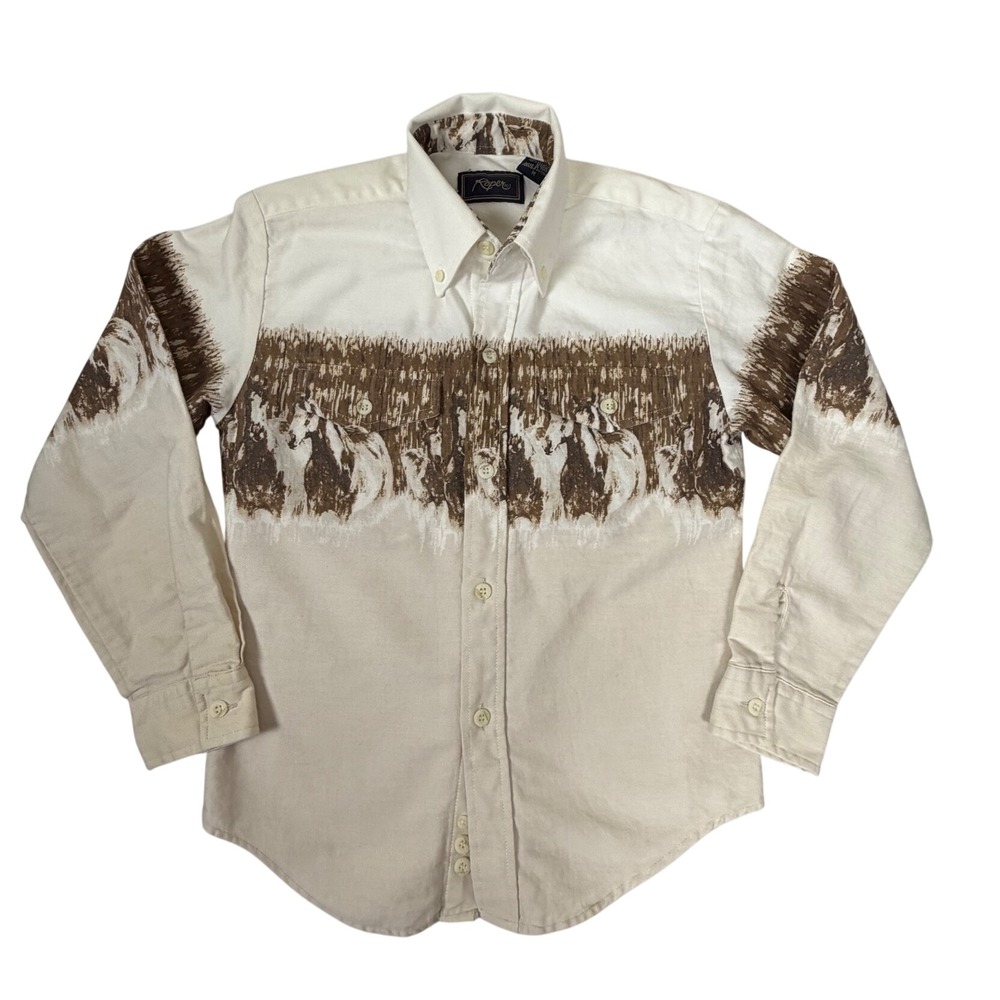 Vintage Roper  Shirt Boys Medium 8 Cream Brown Excellent Horse Graphic Western
